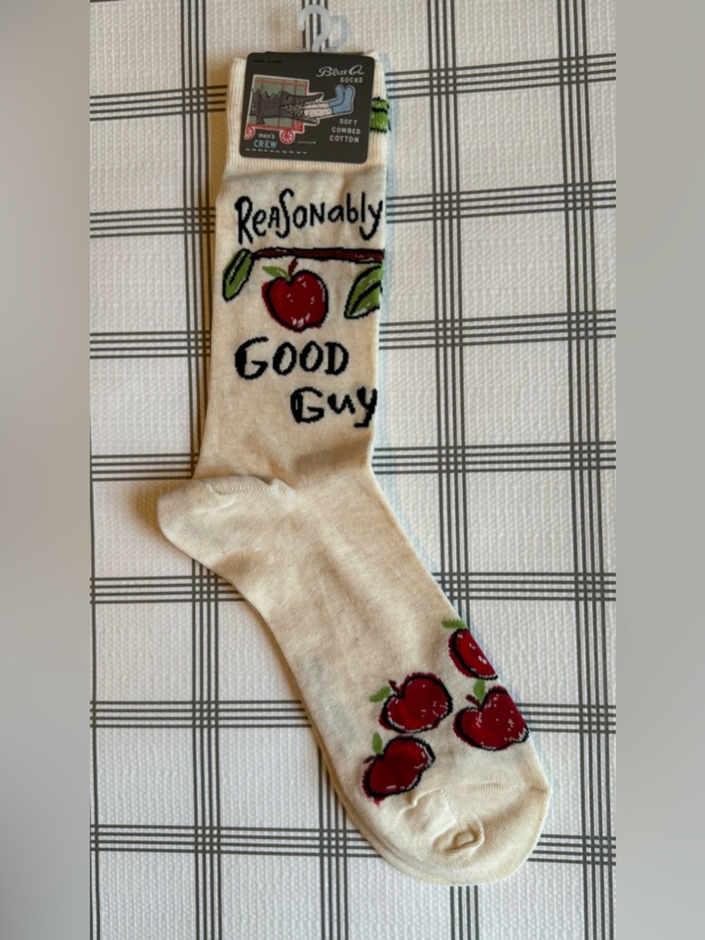 Blue Q Cream Crew Socks with Red Apple Motif
